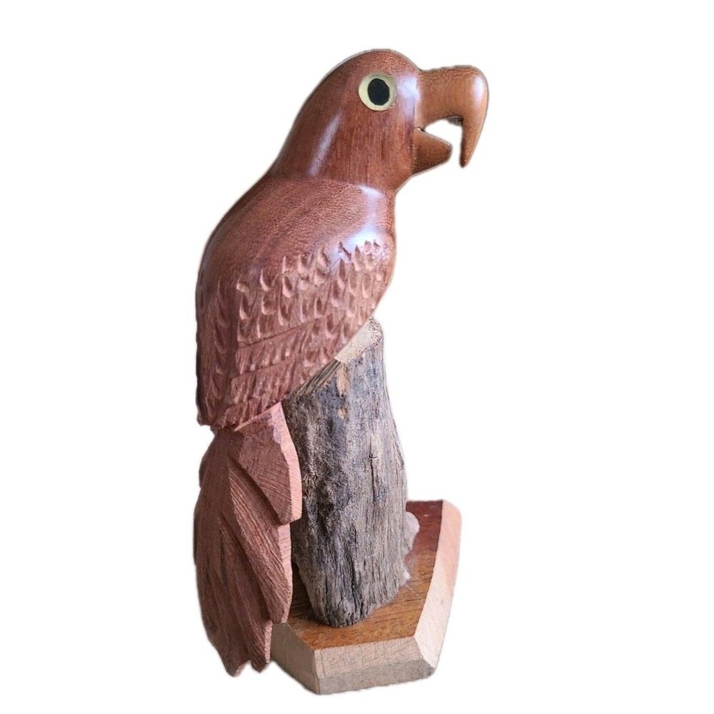 Vintage*Hand Carved Polished Wooden Bird Parrot on Stand 7.5"tall